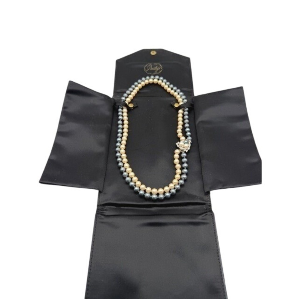 Prestige Faux Pearl Necklace Double Strand Blue‎ Cream Rhinestone Clasp 20"